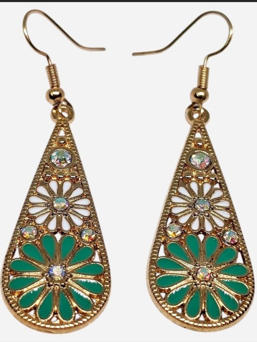 Gold Tone Teardrop Earrings with Cream White And Green Flowers